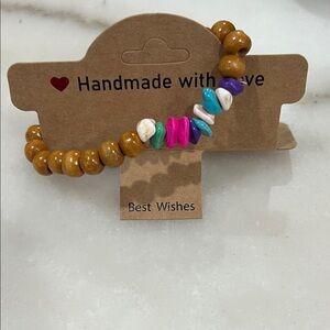 Colorful Beaded Wood Bracelet with Natural Dyed Turquoise Accents